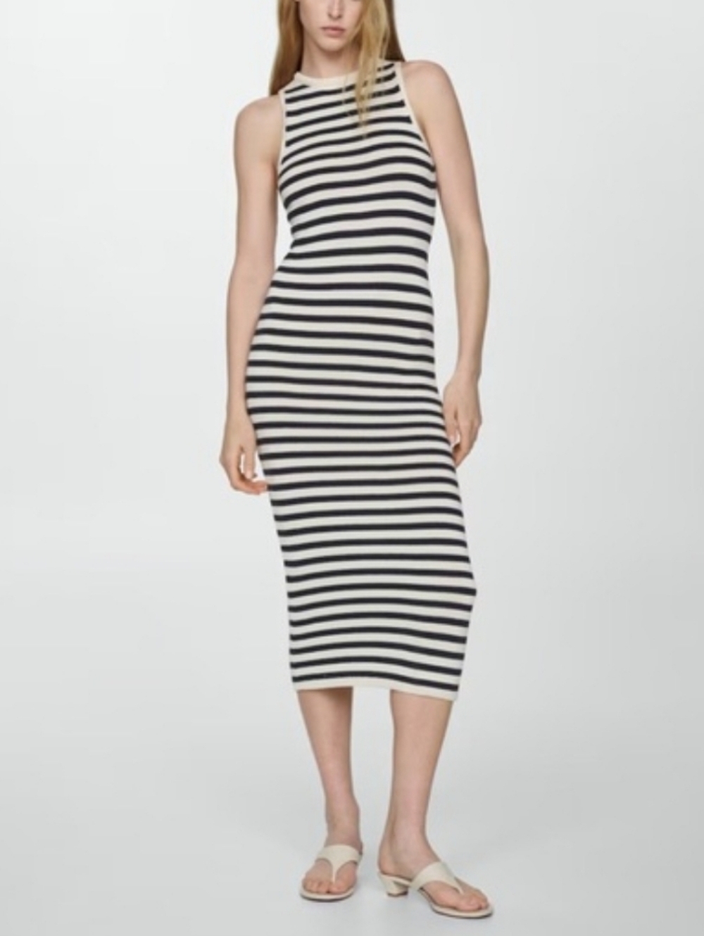 MNG Mango Striped Knit Bodycon Midi Dress Size 6 Nautical Coastal